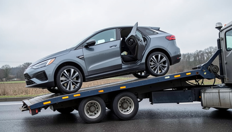 An electric car being loaded onto a flatbed tow truck at the roadside with its charge port visible