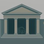 Illustration of a natural history museum facade with a downward attendance arrow and a fragile funding thread