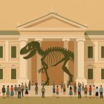Illustration of a grand museum building with a dinosaur skeleton and a crowd gathered at the entrance