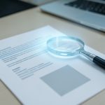A resume document being scanned by a magnifier over a laptop, representing an applicant tracking system parsing a resume