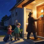 Gouache painting of a parent holding a phone to a glowing keypad lock at night while two sleepy children wait with rolling suitcases