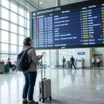 A traveler looking at a departures board and a phone in an airport terminal