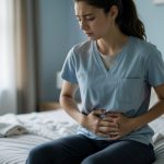 A young adult sits on the edge of a bed holding the lower right side of their abdomen in discomfort