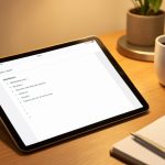 An iPad with a stylus on a study desk showing a plain text note editor beside a notebook