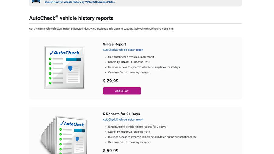 AutoCheck vehicle history reports pricing page showing a single report for 29.99 dollars and five reports for 59.99 dollars