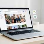 A laptop showing a website with image files and format labels, representing web image optimization