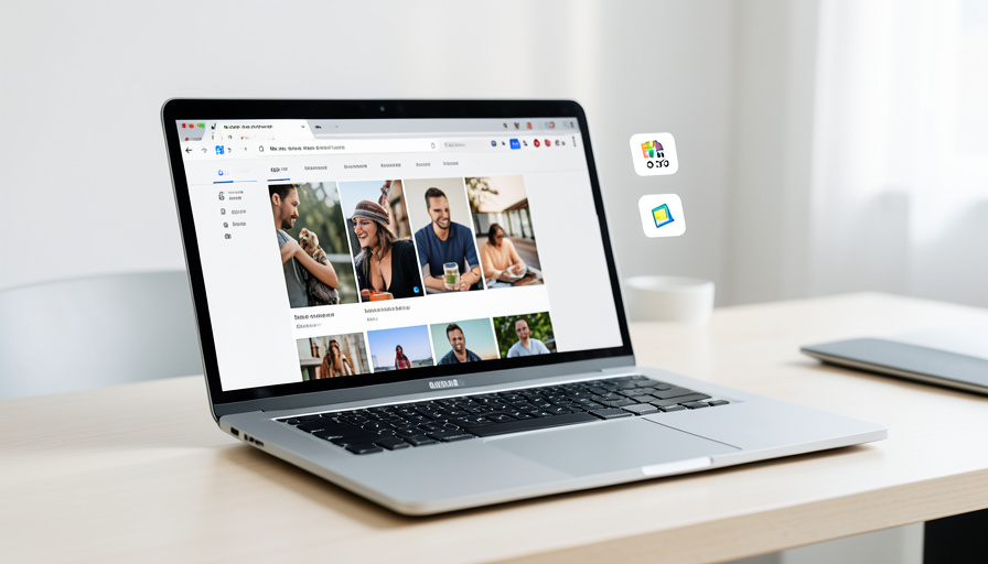 A laptop showing a website with image files and format labels, representing web image optimization