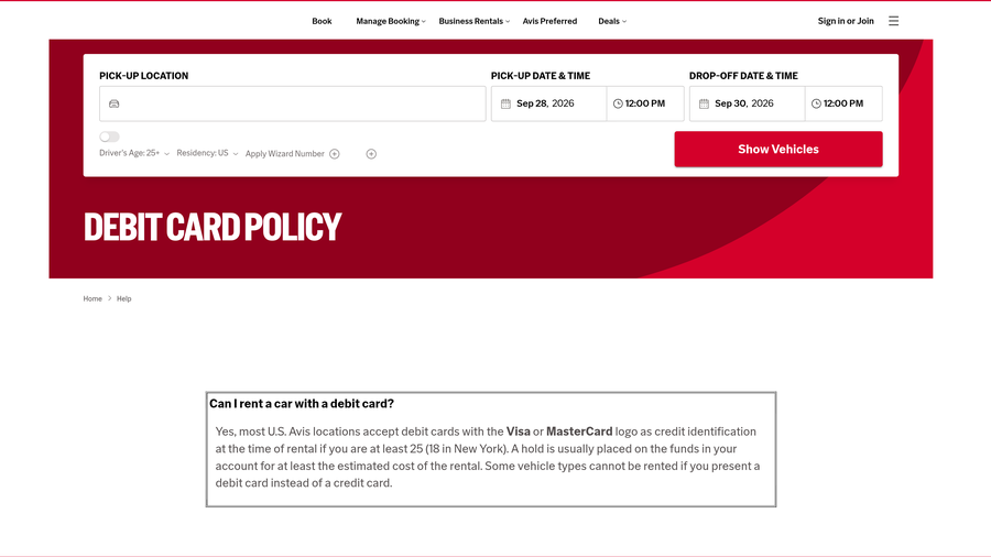 Avis Debit Card Policy page explaining that most U.S. locations accept Visa or Mastercard debit cards for renters 25 and older