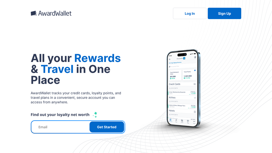 AwardWallet homepage with the headline All your Rewards and Travel in One Place and a phone showing loyalty balances