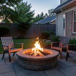 A contained backyard stone fire pit glowing at dusk with chairs around it on a patio near a house