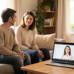 A couple on a sofa during a video therapy session on a laptop, with a therapist visible on screen