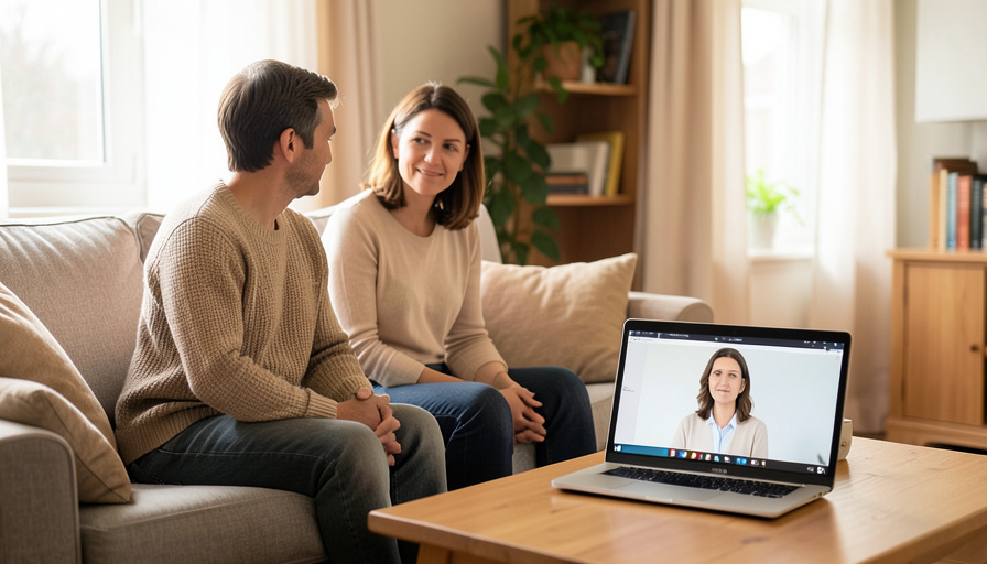 A couple on a sofa during a video therapy session on a laptop, with a therapist visible on screen