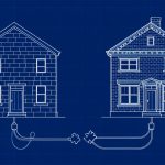 Blueprint drawing of two house facades, one built from modular blocks and one with classic brick trim, both connected by cables with puzzle-piece plugs