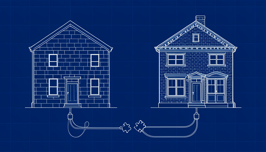 Blueprint drawing of two house facades, one built from modular blocks and one with classic brick trim, both connected by cables with puzzle-piece plugs