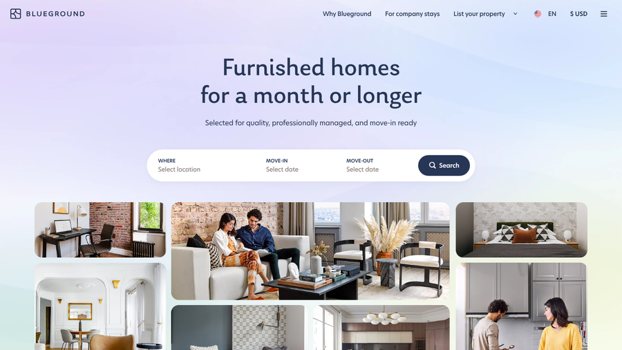 Blueground homepage with the headline Furnished homes for a month or longer and photos of furnished apartments