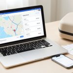 A laptop and phone on a desk showing an abstract hotel search with a map and price list, next to a small suitcase