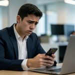 A worried professional looks at a smartphone at an office desk with a laptop