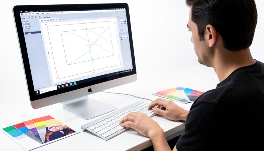 A designer at a computer preparing a print layout with crop marks and bleed on screen next to a printed proof