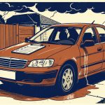 Linocut print of an orange used sedan on a driveway with a water line stain along its doors, a puddle underneath and a clipboard on the hood under clearing storm clouds