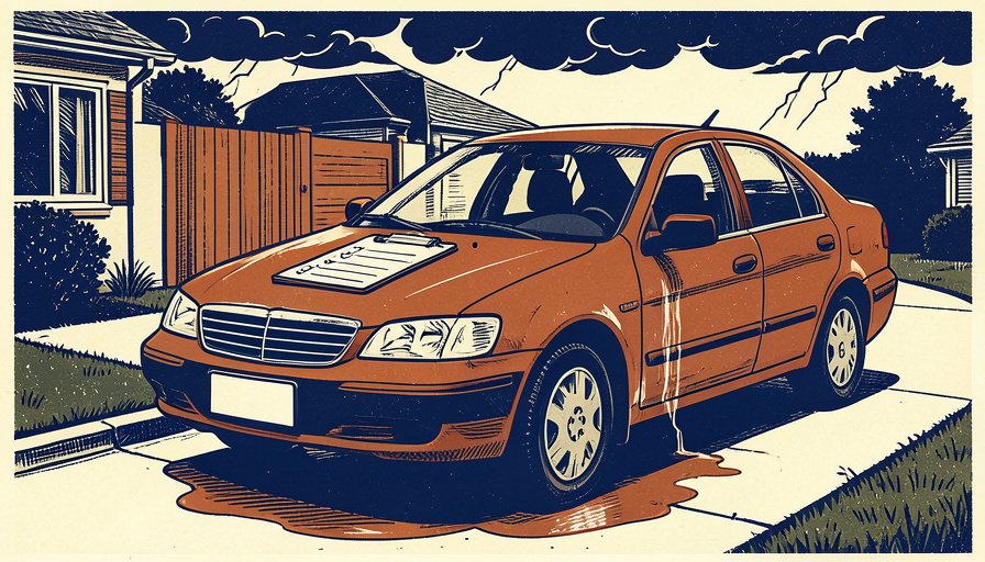 Linocut print of an orange used sedan on a driveway with a water line stain along its doors, a puddle underneath and a clipboard on the hood under clearing storm clouds