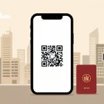 Illustration of a phone showing a QR payment code and a passport against a Chinese city skyline with lanterns