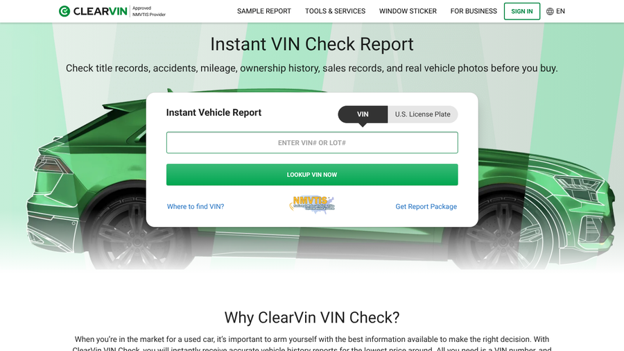 ClearVin Instant VIN Check Report page with a VIN or license plate lookup box and NMVTIS provider badge