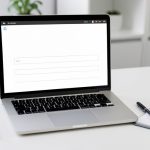 A laptop showing a blank web intake form beside a notepad and pen on an office desk