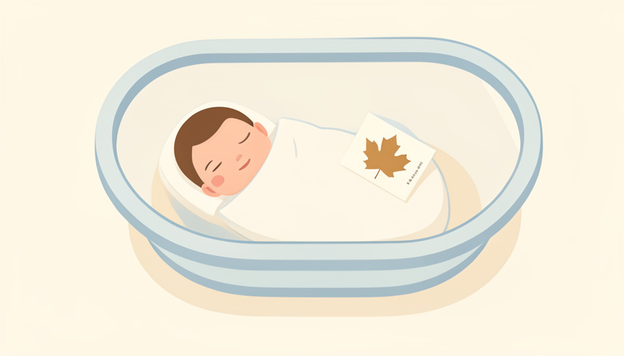 Illustration of a swaddled newborn in a hospital bassinet with a small maple-leaf card