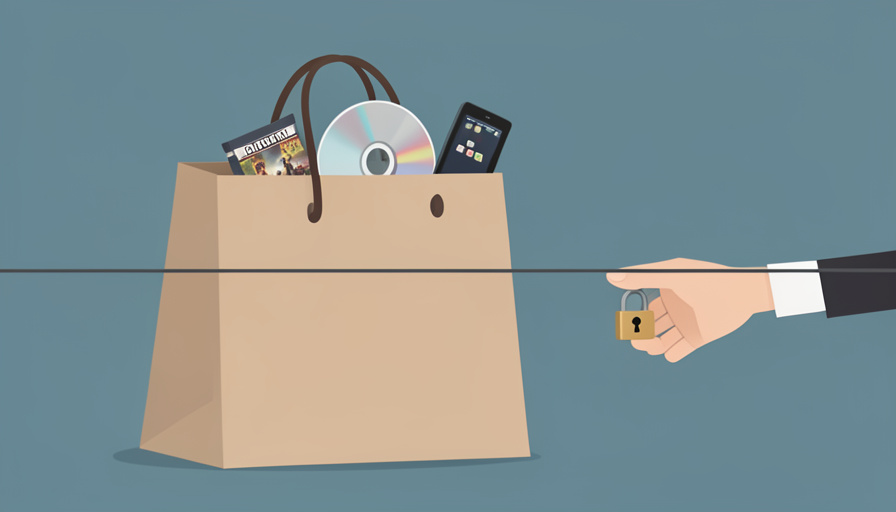 Illustration of a shopping bag with a CD, game case, and tablet, blocked by a padlock and barrier