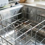 Close-up of an open dishwasher showing rust spots on the metal rack tines inside a stainless tub