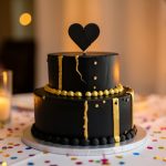 A two-tier black cake with gold accents and a broken-heart topper on a party table with confetti and candles