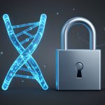An abstract DNA double-helix graphic over a padlock, representing the privacy of uploaded genetic data