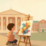 Illustration of a child painting at an easel with a museum and school building behind, in warm creative tones