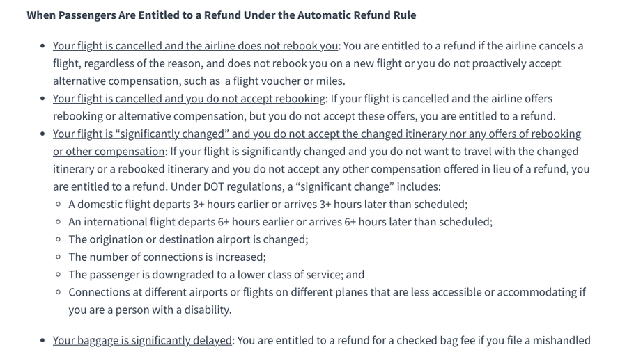 US DOT explainer listing what counts as a significant flight change under the automatic refund rule