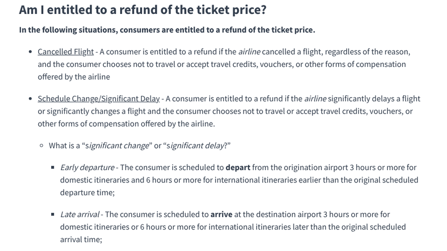 US DOT refunds page defining early departure and late arrival changes against the original scheduled times