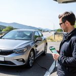 A driver at a fast-charging station checking a phone route planner while an electric car charges