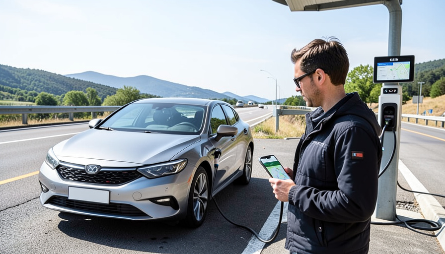 A driver at a fast-charging station checking a phone route planner while an electric car charges