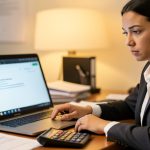 An accounts payable worker at a desk examining a suspicious invoice email attachment with a concerned expression