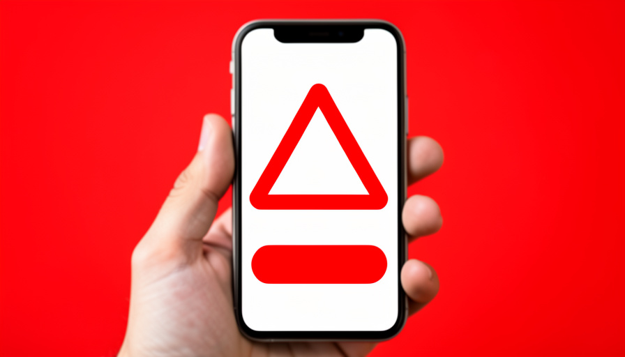 A smartphone showing a fake alarming virus warning pop-up with a warning symbol, representing a scareware scam