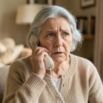 An older adult looking worried while holding a phone to their ear at home