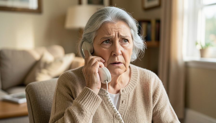 An older adult looking worried while holding a phone to their ear at home