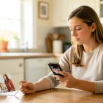 A parent at a kitchen table reviewing family photos on a phone, checking privacy settings before sharing