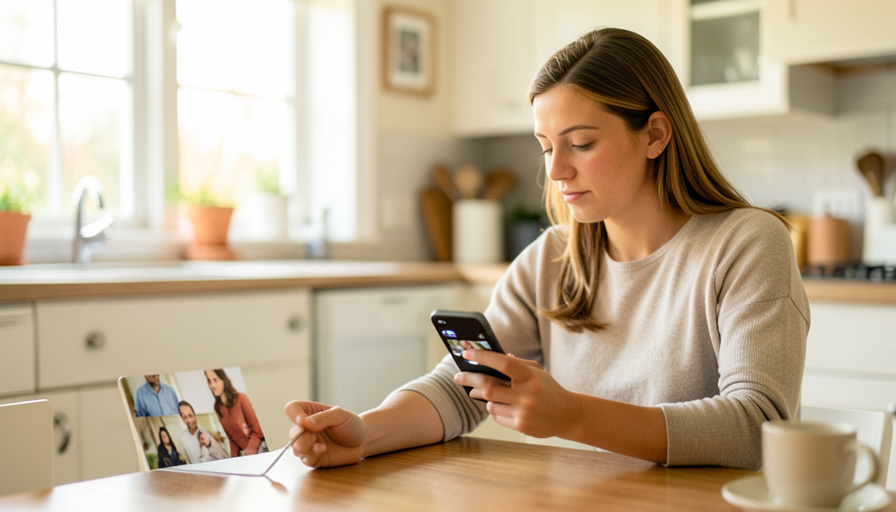 A parent at a kitchen table reviewing family photos on a phone, checking privacy settings before sharing