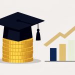 Illustration of a graduation cap on a stack of coins beside a rising line chart, in muted classroom tones