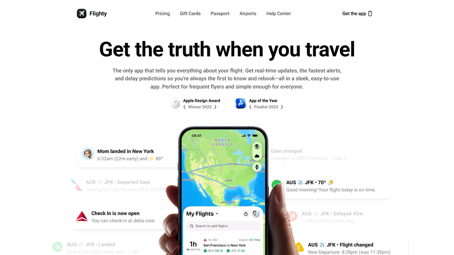 Flighty homepage with the headline Get the truth when you travel beside live flight alerts for gate changes and delays