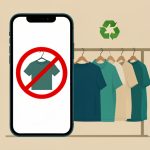 Illustration of a phone showing a prohibited shirt icon beside a clothing rack and a recycling symbol