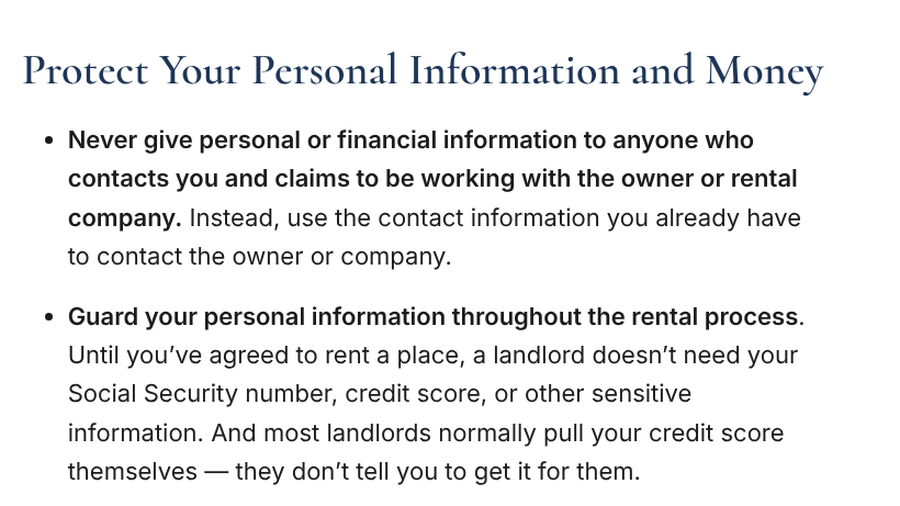 FTC Rental Listing Scams page section Protect Your Personal Information and Money, saying a landlord does not need your Social Security number before you agree to rent