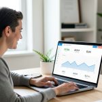 A small business owner viewing a clean, simple website analytics dashboard on a laptop
