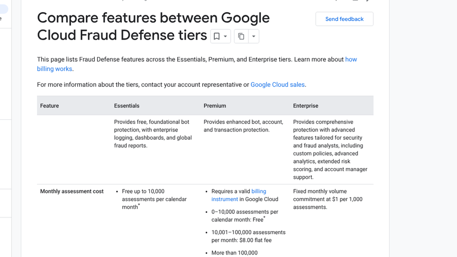 Google Cloud Fraud Defense tier comparison showing reCAPTCHA Essentials free up to 10,000 assessments a month and Premium pricing