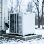 An outdoor heat pump unit beside a house next to an icon representing a gas furnace, comparing two home heating systems